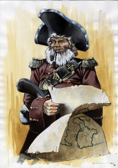 Muotokuva merirosvosta (yksityisestä) tai merimiehestä, jolla on yllään tricorn ja rahastonhoitajan kartta käsissään. Väripiirustus Alessandro Lonati. tekijältä Alessandro Lonati