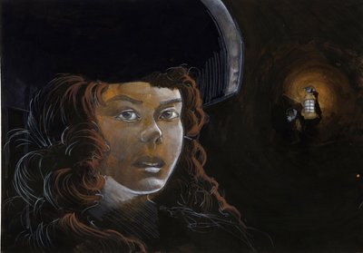 Piraattinaisen (yksityismiehen) tai merimiehen muotokuva yöllä, toisen merirosvon lyhdyn valaisemassa. Väripiirustus Alessandro Lonati. tekijältä Alessandro Lonati