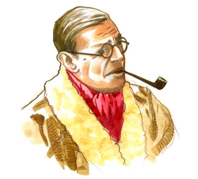 Muotokuva ranskalaisesta kirjailijasta, filosofista ja näytelmäkirjailija Jean-Paulista (Jean Paul) Sartre Piirustus tekijältä Alessandro Lonati