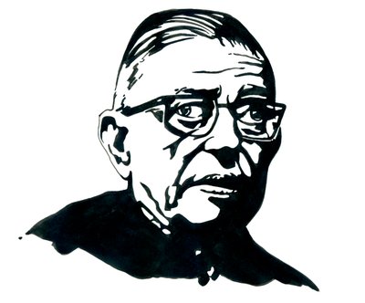 Muotokuva ranskalaisesta kirjailijasta, filosofista ja näytelmäkirjailija Jean-Paulista (Jean Paul) Sartre Piirustus tekijältä Alessandro Lonati