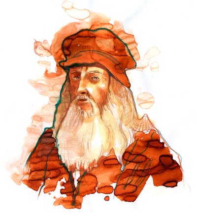 Muotokuva italialaisesta taiteilijasta ja tiedemiehestä Leonard de Vinci (Leonardo da Vinci) (1452-1519) (Italialaisen polymaatin Leonardo da Vincin muotokuva) tekijältä Alessandro Lonati