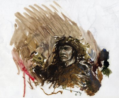 Esihistoria: Neandertalin tai neandertalin miehen esitys keskipaleoliittissa. Piirustus Alessandro Lonati tekijältä Alessandro Lonati