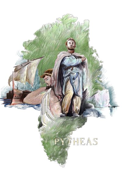 Pytheaksen esitys kreikkalaisesta tutkimusmatkailijasta Massaliasta, 4. vuosisadalta eKr. (Pytheas of Massalia kreikkalainen maantieteilijä ja tutkimusmatkailija, 4. vuosisata eKr.) Kuvitus: Alessandro Lonati tekijältä Alessandro Lonati