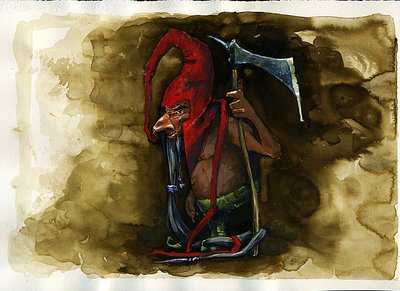 Kuvaus punahatusta (Red cap, powrie tai dunter, Red-Bonnet) legendaarisesta Goblin-perheen pahantahtoisesta olennosta brittiläisestä kansanperinteestä - (punahattu, pahantahoinen murhaajakääpiö, peikko, tonttu tai keiju löytyy Border Folkloresta) Kuvitus:  tekijältä Alessandro Lonati