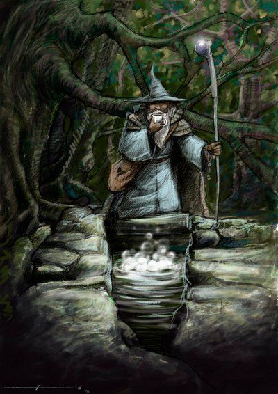 Esitys druidista juomassa Barentonin upealla suihkulähteellä, Brocelianden metsässä - kuvitus: Alessandro Lonati - 2012 - tekijältä Alessandro Lonati