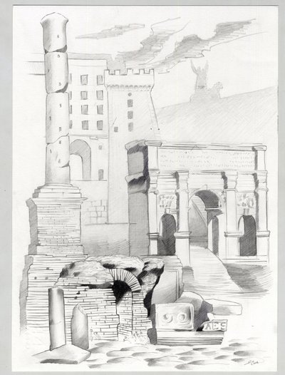 Rooman aikakauden rauniot Roomassa, Forum (foro romano) Alessandro Lonatin piirustus. tekijältä Alessandro Lonati