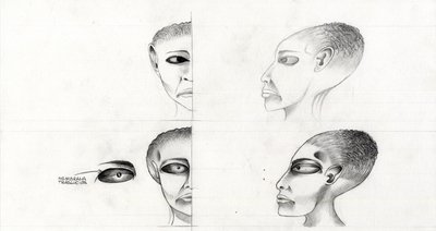 Scifi-kuvitus (scifi): tutkimus avaruusolennon tai muukalaisen (alien tai muukalaisen) kasvoista Mars-planeetalta avaruuden tai universumin valloittamiseen. Piirustus Alessandro Lonati tekijältä Alessandro Lonati