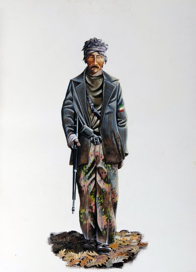 Toinen maailmansota: Italian vastarintaliikkeen (maquis tai sissit, partisaani) (Resistenza Italiana) jäsen, yllään naamiointipuku ja ase konekiväärillä. 1943-1945. Kuvitus Alessandro Lonati tekijältä Alessandro Lonati