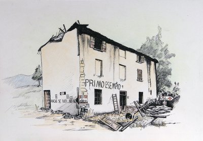 Toinen maailmansota: näkymä raunioituneesta talosta miehitetyssä Italiassa. Piirustus Alessandro Lonati tekijältä Alessandro Lonati