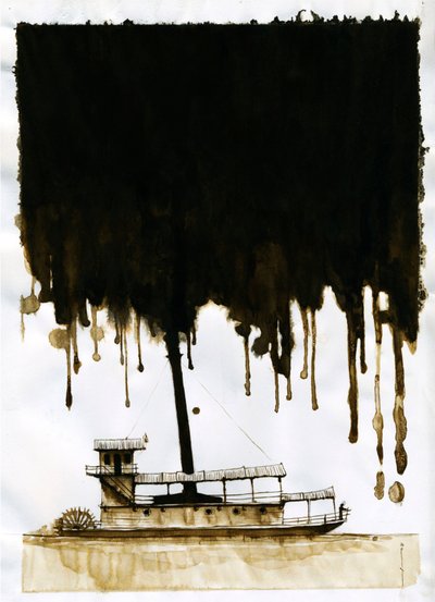 Höyrylaivakuva Joseph Conradin uudesta "" Pimeyden sydämessä" -kappaleesta. 2012 tekijältä Alessandro Lonati