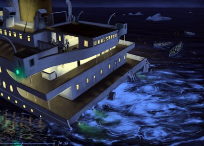 Näkymä transatlanttisesta linja-autosta Titanic uppoamishetkellä 14. ja 15. huhtikuuta 1912. Kuvitus: Alesandro Lonati. 2010 tekijältä Alessandro Lonati