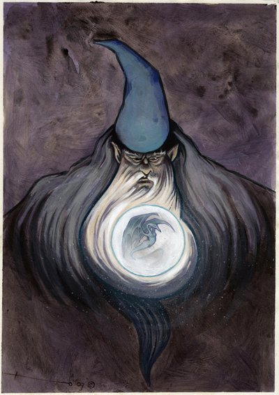 Mago feiticeiro com bola invocando um dragão. Desenho colorido de Alessandro Lonati.finnish tekijältä Alessandro Lonati