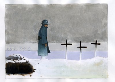 Ensimmäinen maailmansota: ranskalainen sotilas sotahaudassa katsomassa ristejä tekijältä Alessandro Lonati
