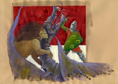 Yvain, Leijonan ritari taistelee lohikäärmettä vastaan Kuvitus: Alessandro Lonati tekijältä Alessandro Lonati