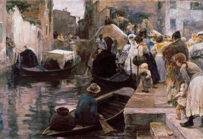 ""Häät Venetsiassa"" Vastaavioiset ajavat gondolilla. Alessandro Milesin (1856-1945) maalaus 1897 Rooma. Galleria Nazionale d