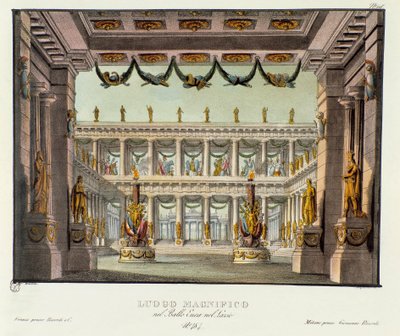 Upea paikka: temppelinäkymä Skenografia Giuseppe Sartin lyyrisen draaman "" Enea nel Lazio "" (1799) esittämiseen. Litografia "" Alessandro Sanquiricon (1777-1849) maisemakeksintöjen kokoelma vuodelta 1830 ". Yksityinen Milano tekijältä Alessandro Sanquirico