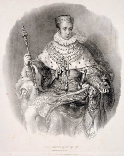 Ferdinand I (1793-1875), Lombardian-Venetian kuningas, valtion kaapuissa, teoksesta "Coronazione de SMIRA Ferdinando I, il Re del Regno Lombard-Venetia", julkaistu 1838 tekijältä Alessandro Sanquirico