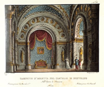 Isolettan kabinetti Bretagnen Montolinon linnassa Lavastus Vincenzo Bellinin oopperan "La straniera" (1828) esitykseen Teatro alla scalassa vuonna 1829. Litografia "" Alessandro Sanquiricon maisemakeksintöjen kokoelma vuodelta 1830 tekijältä Alessandro Sanquirico