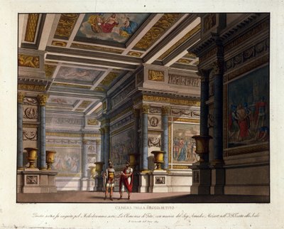 Alessandro Sanquiricon (1777-1849) lavastus Wolfgang Amadeus Mozartin (1756-1791) "La Clemence de Tito" kiipeää Milanon La Scalaan vuonna 1819 ja edustaa Titon kuninkaallisen palatsin huonetta. tekijältä Alessandro Sanquirico