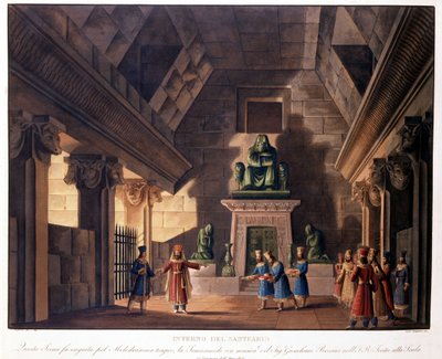 Sanquiricon lavastus Gioacchino Rossinin oopperalle "Semiramis" "(Semiramide) edustaa Teatro alla Scalassa tekijältä Alessandro Sanquirico