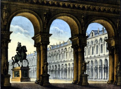 Sanquiricon lavastus Gaetano Donizettin oopperaan: "" Ugo, Pariisin kreivi "" . 1832. tekijältä Alessandro Sanquirico