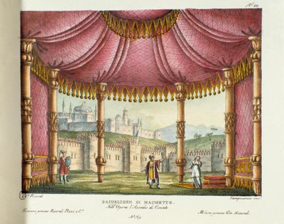 Muhammedin paviljonki (II näytös) Lavastus esitykseen Milanon Teatro alla scalassa vuonna 1829 Gioacchino Rossinin (tai Gioachinon) oopperasta "Korintin piiritys" (tai Korintin piiritys) (1826). Litografia "" Keksintökokoelmassa tekijältä Alessandro Sanquirico