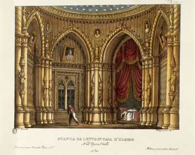Elmiren (tai Elmiron) makuuhuone Skenografia Gioacchino Rossinin (tai Gioachinon) oopperaan "" Otello"" (1816) William Shakespearen teoksen "Othello tai Venetsian mauri" jälkeen 1830 (litografia) tekijältä Alessandro Sanquirico