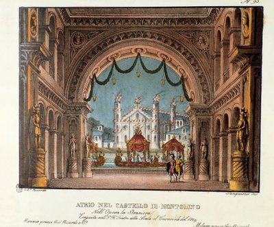 Bretagnen Montolinon linnan eteinen Lavastus Vincenzo Bellinin oopperan "La straniera" (1828) esitykseen Teatro alla scalassa vuonna 1829. Litografia "" Alessandro Sanquirin maisemakeksintöjen kokoelma vuodelta 1830 tekijältä Alessandro Sanquirico