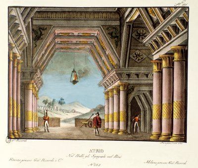 Näkymä suuresta palatsin huoneesta Skenografia italialaisen koreografin Giovanni Galzeranin (1780-1865) (1828) balettiin "Espanjalaiset Perussa". Litografia "" Alessandro Sanquiricon (1777-1849) maisemakeksintöjen kokoelma vuodelta 1830 ". Milanese pr tekijältä Alessandro Sanquirico