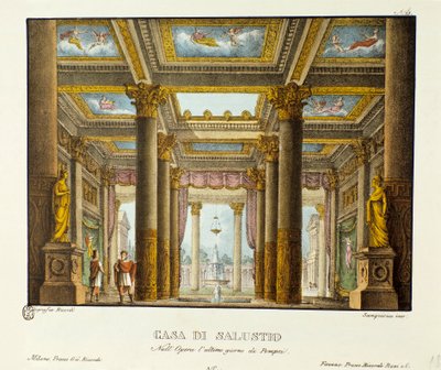 Näkymä Salustion talosta (Saluste) Skenografia Giovanni Pacinin "Pompejin viimeinen päivä" (Pompejin viimeinen päivä) esittämiseen. Litografia "" Alessandro Sanquiricon (1777-1849) maisemakeksintöjen kokoelma vuodelta 1830 ". Milano tekijältä Alessandro Sanquirico