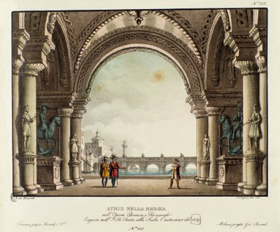 Näkymä kuninkaallisen palatsin salista Skenografia Vincenzo Bellinin (1826) oopperan "Bianca e Fernando" esittämiseen vuonna 1829. Litografia "" Alessandro Sanquiricon (1777-1849) maisemakeksintöjen kokoelma vuodelta 1830 ". Yksityinen Milano tekijältä Alessandro Sanquirico