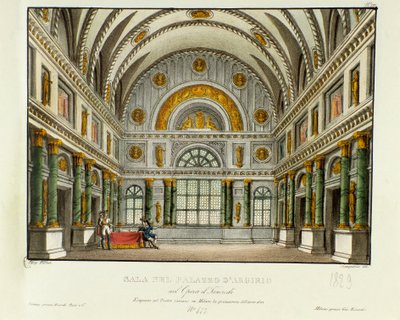 Näkymä Syrakusan kuninkaan Argirion palatsista Skenografia Milanon esitykseen vuonna 1829 Gioacchino Rossinin (tai Gioachinon) (1813) ooppera "Tancredi" (tai Tancrede) Voltairen palan "Tancrede" jälkeen. Litografia "" Keksintökokoelmassa tekijältä Alessandro Sanquirico