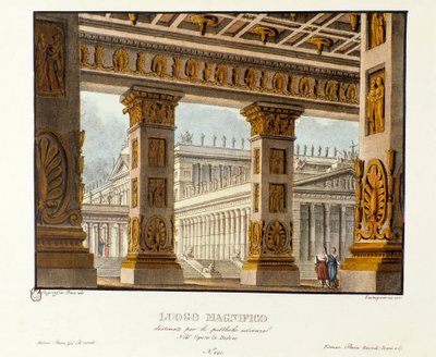 Näkymä palatsista, jossa järjestetään julkisia kuulemistilaisuuksia. Skenografia säveltäjä Niccolo Vito Piccinnin (tai Piccinin) lyyrisen tragedian "" Didone" (Didon) (1783) esittämiseen Metastasion (Metastaasi) -oopperan jälkeen. Litografia kirjassa "" Ra tekijältä Alessandro Sanquirico