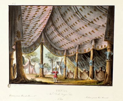 Näkymä Tšingis-khanin kuninkaalliseen telttaan Skenografia italialaisen koreografin Giovanni Galzeranin (1780-1865) (1828) baletille "" Genis-Kan ". Litografia "" Alessandro Sanquiricon (1777-1849) maisemakeksintöjen kokoelma vuodelta 1830 ". Milanon priv tekijältä Alessandro Sanquirico
