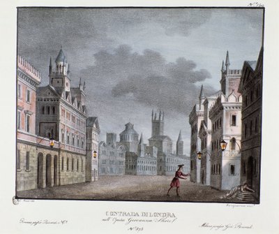 Näkymä Lontoon esikaupunkialueille Skenografia Carlo Pontin (1829) oopperan "Giovanna Shore" (Jeanne Shore) esittämiseen. Litografia "" Alessandro Sanquiricon (1777-1849) maisemakeksintöjen kokoelma vuodelta 1830 ". Milanolainen yksityinen keräily tekijältä Alessandro Sanquirico