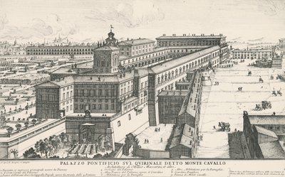 Paavin palatsi Quirinale-kukkulalla, joka tunnetaan myös nimellä Monte Cavallo, piirustus ja kaiverrus Alessandro Specchi (1668-1729), Italia tekijältä Alessandro Specchi