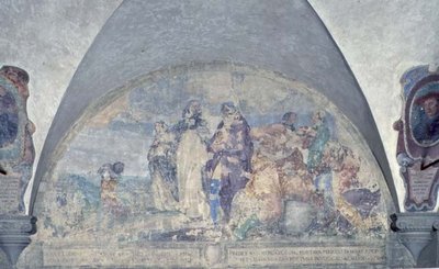 St. Antoninus saarnaa kauppiaalle, jonka hän pelasti kamalalta myrskyltä, lunette (fresko) tekijältä Alessandro Tiarini