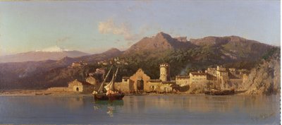 Näkymä Taorminasta Sisiliassa, taustalla Etna-vuori, 1868. tekijältä Alessandro la Volpe