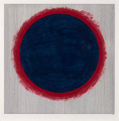 Circle Blue on Red, 2022 (emali ja kynä kortille) tekijältä Alex Dunn