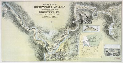 Lintuperspektiivinäkymä Conemaugh Valleystä Ninivestä järvelle, Johnstown, Pa.: henkilökohtaisista luonnoksista ja tutkimuksista Pennsylvania R.R.:sta luvalla tekijältä Alex. Y.; Pennsylvania Railroad Lee