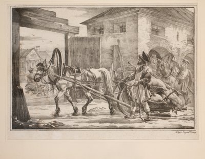 Ratsastus ulos porteista (litho) tekijältä after Alexander Orlowski
