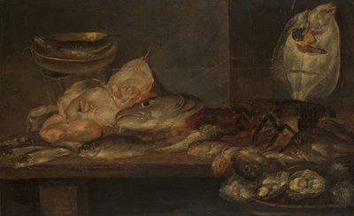 Asetelma kalan ja hummerien ja osterien kanssa pöydällä lähellä tekijältä Alexander Adriaenssen