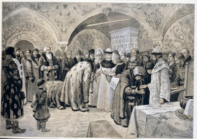 Tsaaritarin vastaanotto pääsiäismatiinien jälkeen. Aleksanteri Andrejevitš Chikinin (1865-1924) teos, litografia. venäläistä taidetta tekijältä Alexander Andreyevich Chikin