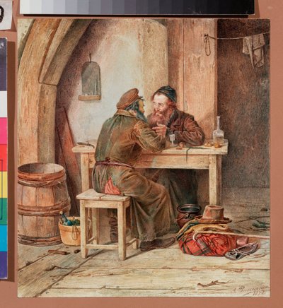 Dans une taverne - Tavernassa - Alexander Antonovich Rizzonin (1836-1902) työ, akvarelli paperille tekijältä Alexander Antonovich Rizzoni