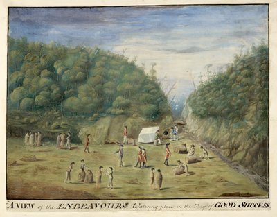Lisätä. 23920, f.11 "Näkymä Endeavourin vesistöpaikasta Good Successin lahdella, Tierra del Fuegossa, alkuperäiskansojen kanssa", tammikuu 1769 (kynä ja muste akvarellilla paperille) tekijältä Alexander Buchan