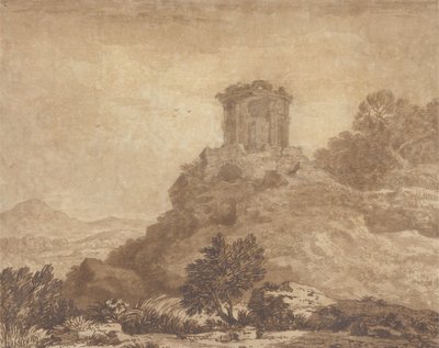 Maisema raunioineen temppelin kanssa, n. 1756 (grafiitti ja pesu paperille) tekijältä Alexander Cozens