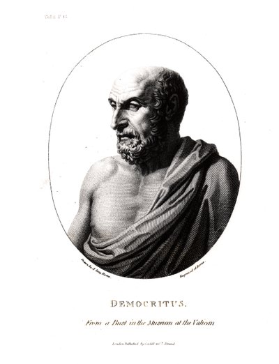 Demokritos (n. 460-n. 370 eKr.), kaiverrettu Vatikaanin museon rintakuvasta tekijältä Alexander Day