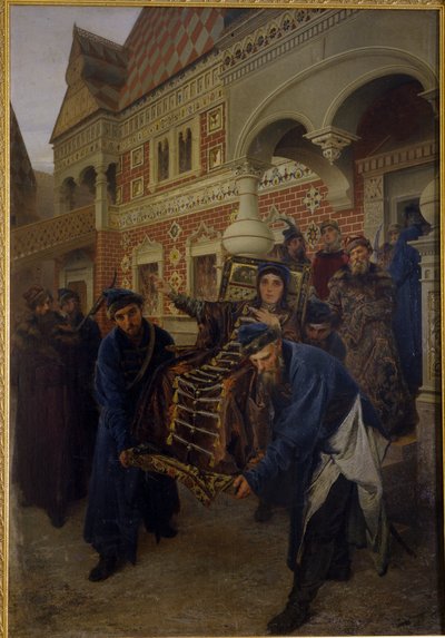 Boyarin Morozova. (Boyarynya Morozova). Feodosia Prokofiyevna Morozova (1632-1675), vanhauskoisten riitin kiihkeä kannattaja, antoi luostarivalan nimellä Theodora. Tapauksen kannattajat kuvailevat häntä pidätyksensä aikana tekijältä Alexander Dimitrievitch Litovtchenko