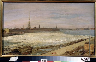Ice Drift Neva-joella Pietarissa (Ice Drifting Pietarissa). Taustalla Pietarin ja Paavalin katedraali ja linnoitus. Aleksanteri Dmitrievich Litovchenkon (Litovchenko) maalaus (1835-1890), öljy kankaalle tekijältä Alexander Dimitrievitch Litovtchenko