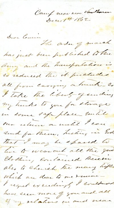 Kirje allekirjoitettiin A.E.Steenilla, leirillä Van Burenin lähellä, serkulleen Mary Walkerille, Van Buren, Ark., 1. joulukuuta 1862 tekijältä Alexander Early Steen